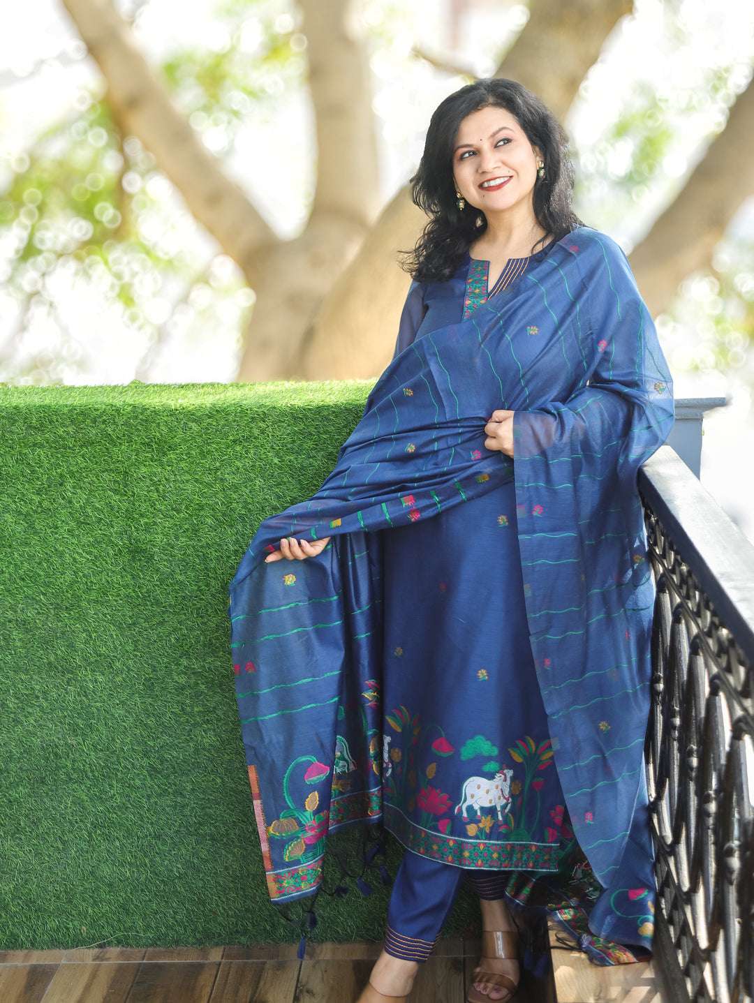 Subhadra Denim Blue Collar Running Thread Pichwai Jamdani Chanderi 3 Piece Set