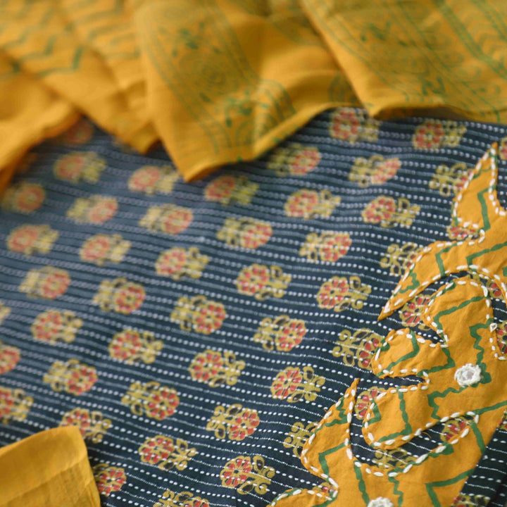 Patang Forest Green Applique Work with Ajrak Print Cotton Suit Set