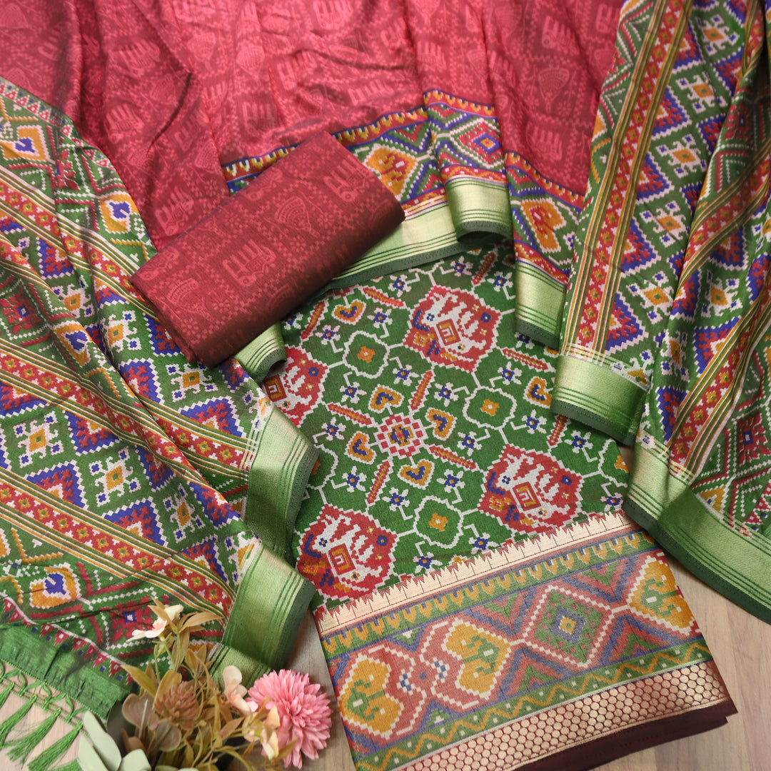 Raya Forest Green Patola Shadow Printed Work Muslin Set