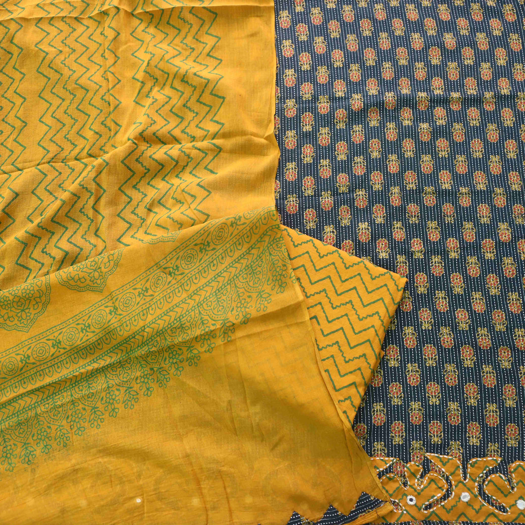Patang Forest Green Applique Work with Ajrak Print Cotton Suit Set
