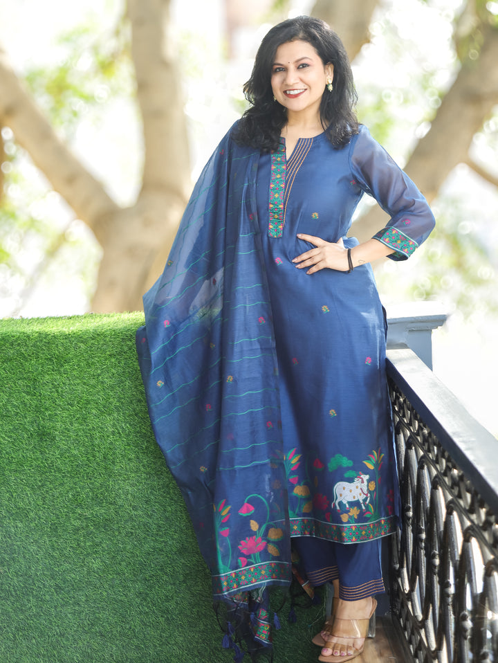 Subhadra Denim Blue Collar Running Thread Pichwai Jamdani Chanderi 3 Piece Set