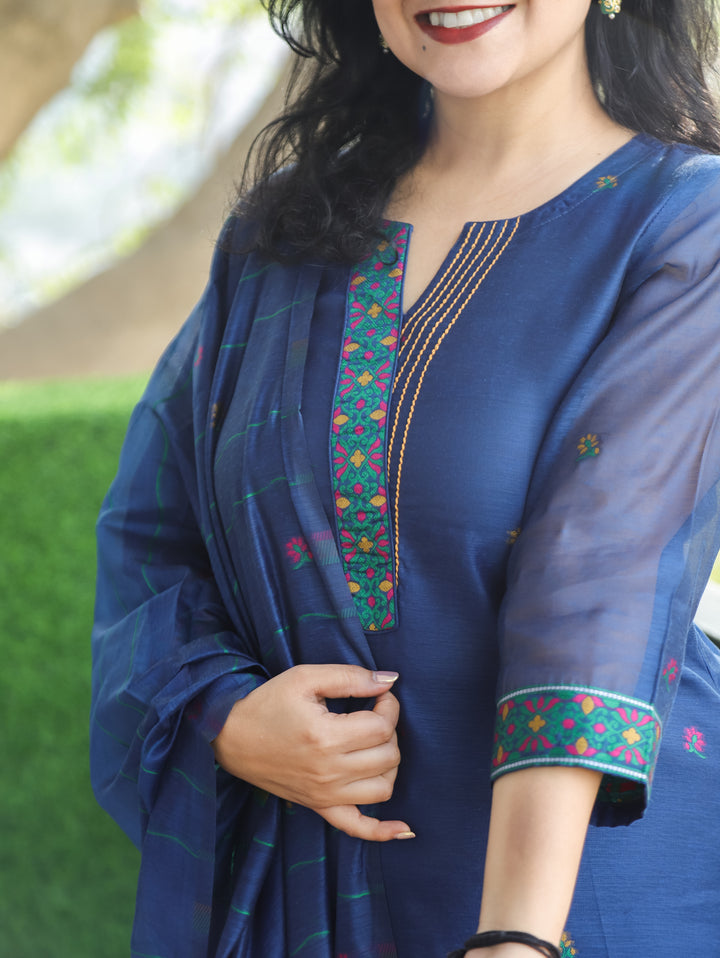 Subhadra Denim Blue Collar Running Thread Pichwai Jamdani Chanderi 3 Piece Set