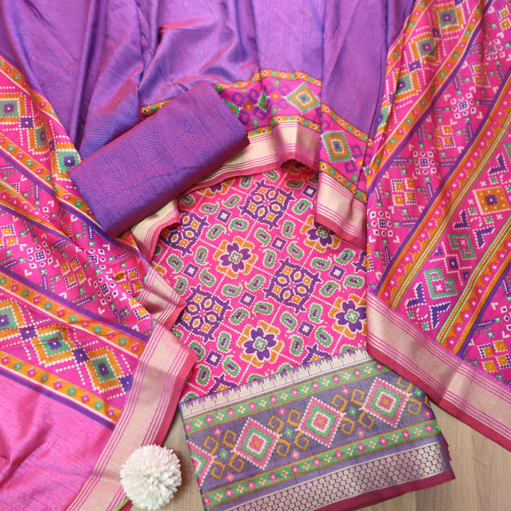 Madhuri Crimson Pink Patola Shadow Printed Work Muslin Set