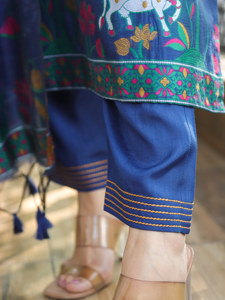 Subhadra Denim Blue Collar Running Thread Pichwai Jamdani Chanderi 3 Piece Set