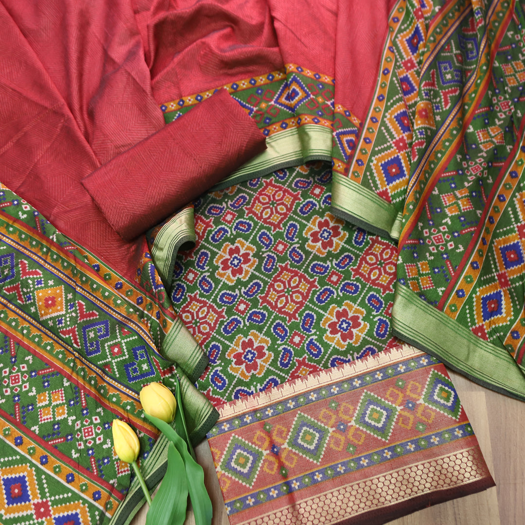 Madhuri Forest Green Patola Shadow Printed Work Muslin Set