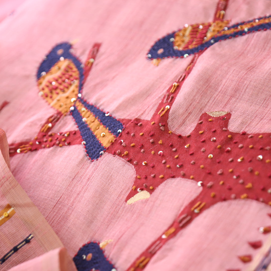 Ambarsari Pink French Knot Bird Embroidered Work Linen Set