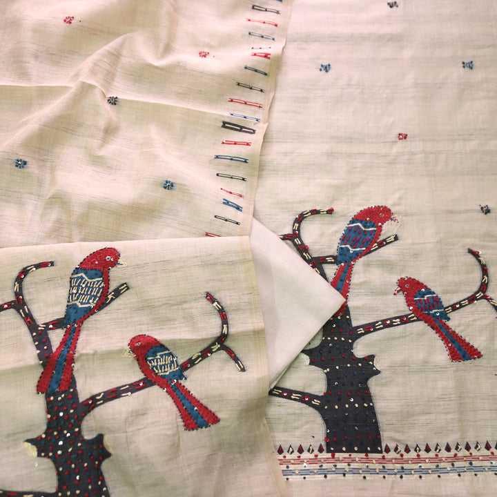 Ambarsari Beige French Knot Bird Embroidered Work Linen Set