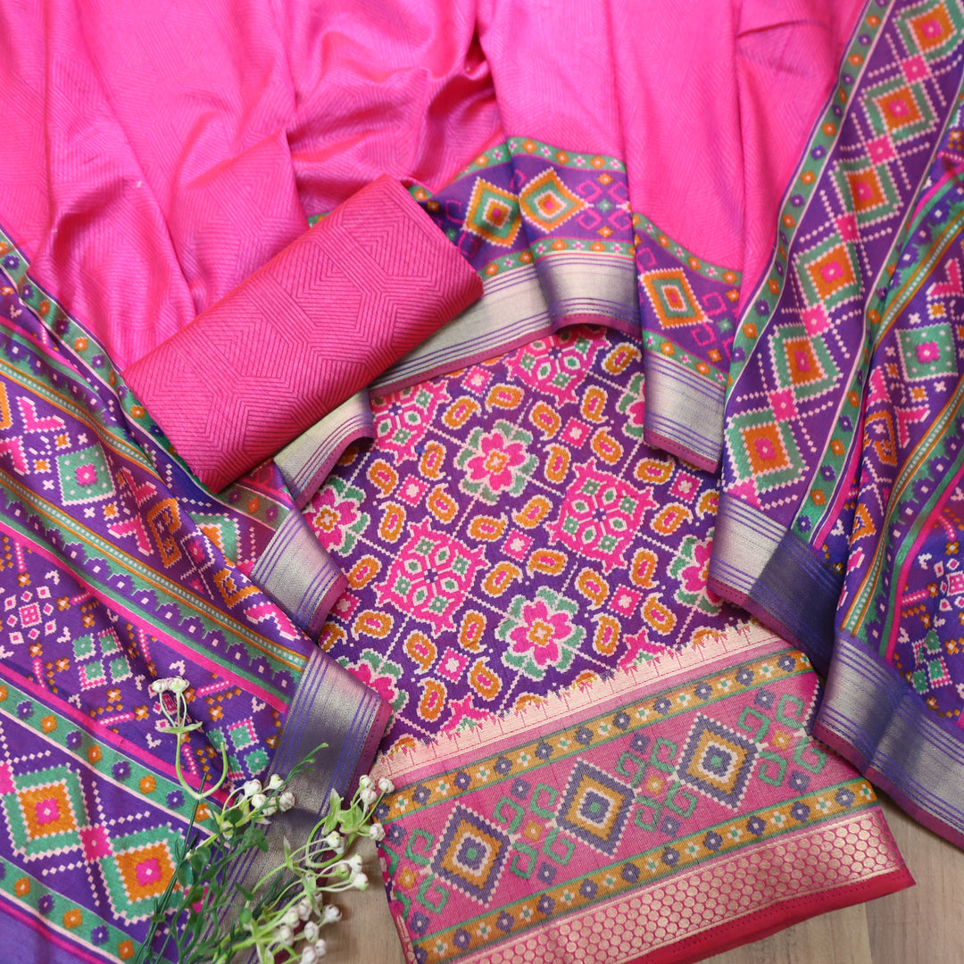 Madhuri Jamuni Purple Patola Shadow Printed Work Muslin Set