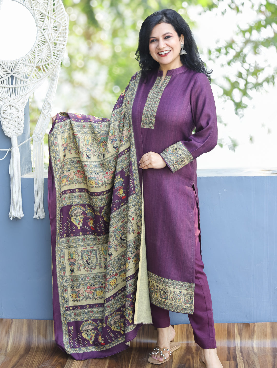 Roshni Violet Purple Ban Collar Madhubani Digital Print Winter Semi Pashmina 3 Piece Set