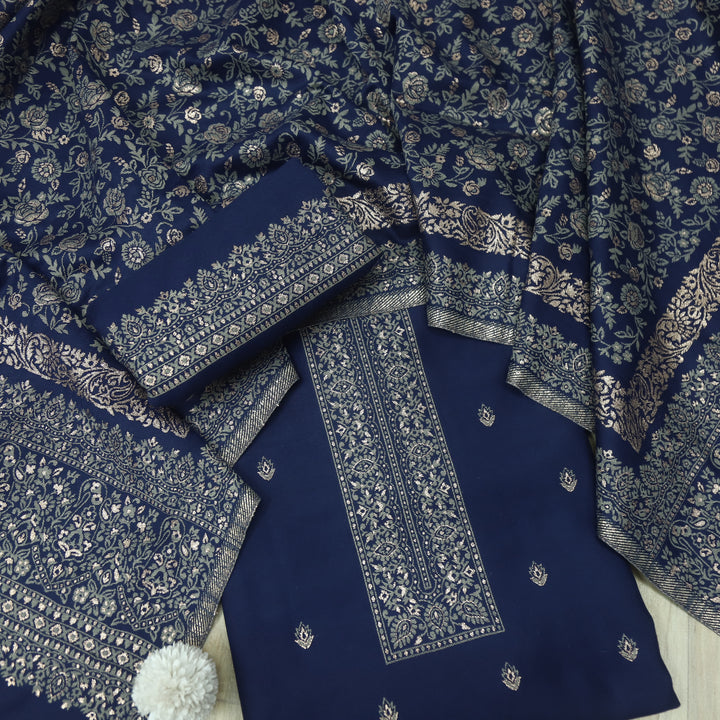 Kamli Indigo Purple Thread Weaved Neck with Zari Semi Pashmina Winter Suit Set