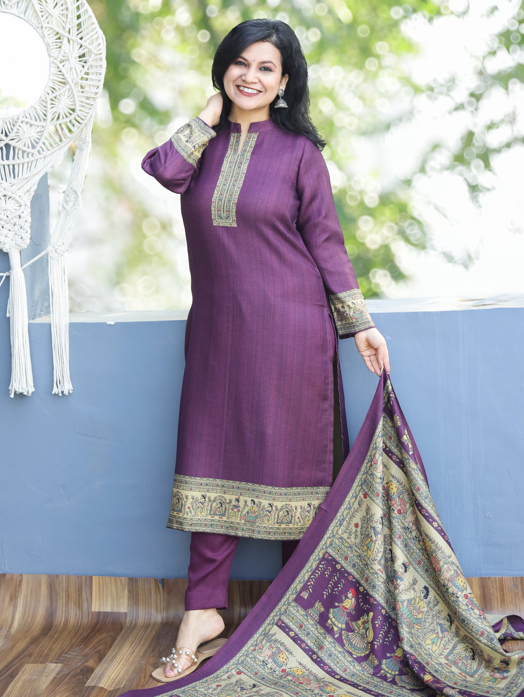 Roshni Violet Purple Ban Collar Madhubani Digital Print Winter Semi Pashmina 3 Piece Set