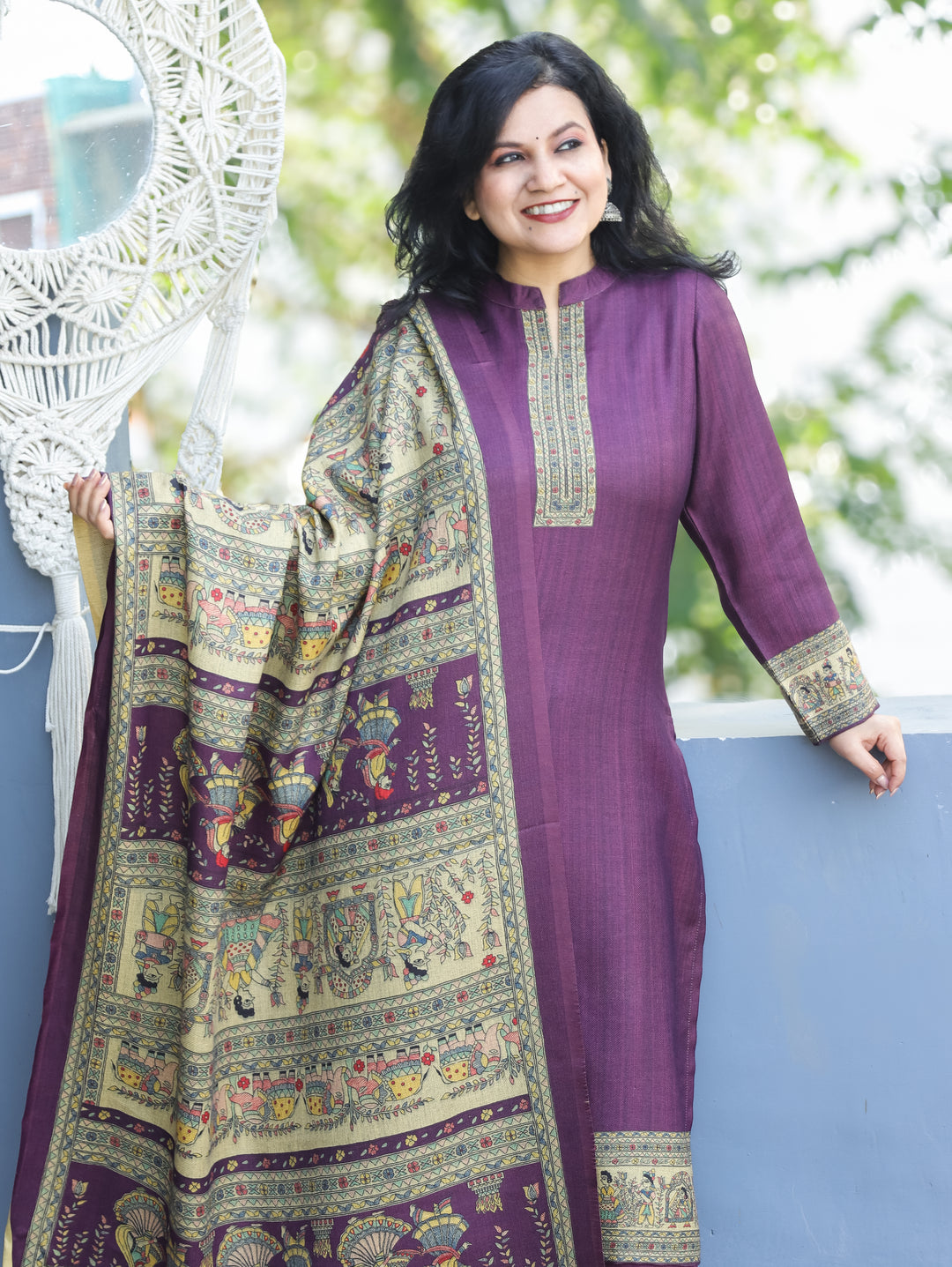 Roshni Violet Purple Ban Collar Madhubani Digital Print Winter Semi Pashmina 3 Piece Set