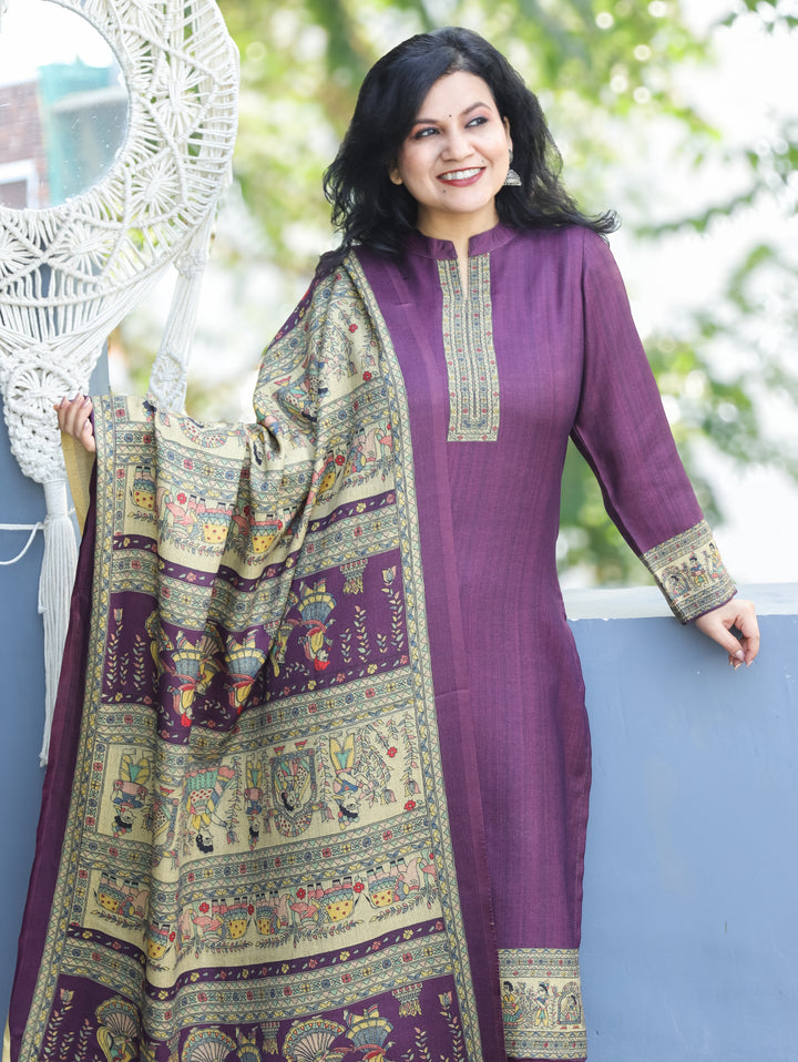 Roshni Violet Purple Ban Collar Madhubani Digital Print Winter Semi Pashmina 3 Piece Set