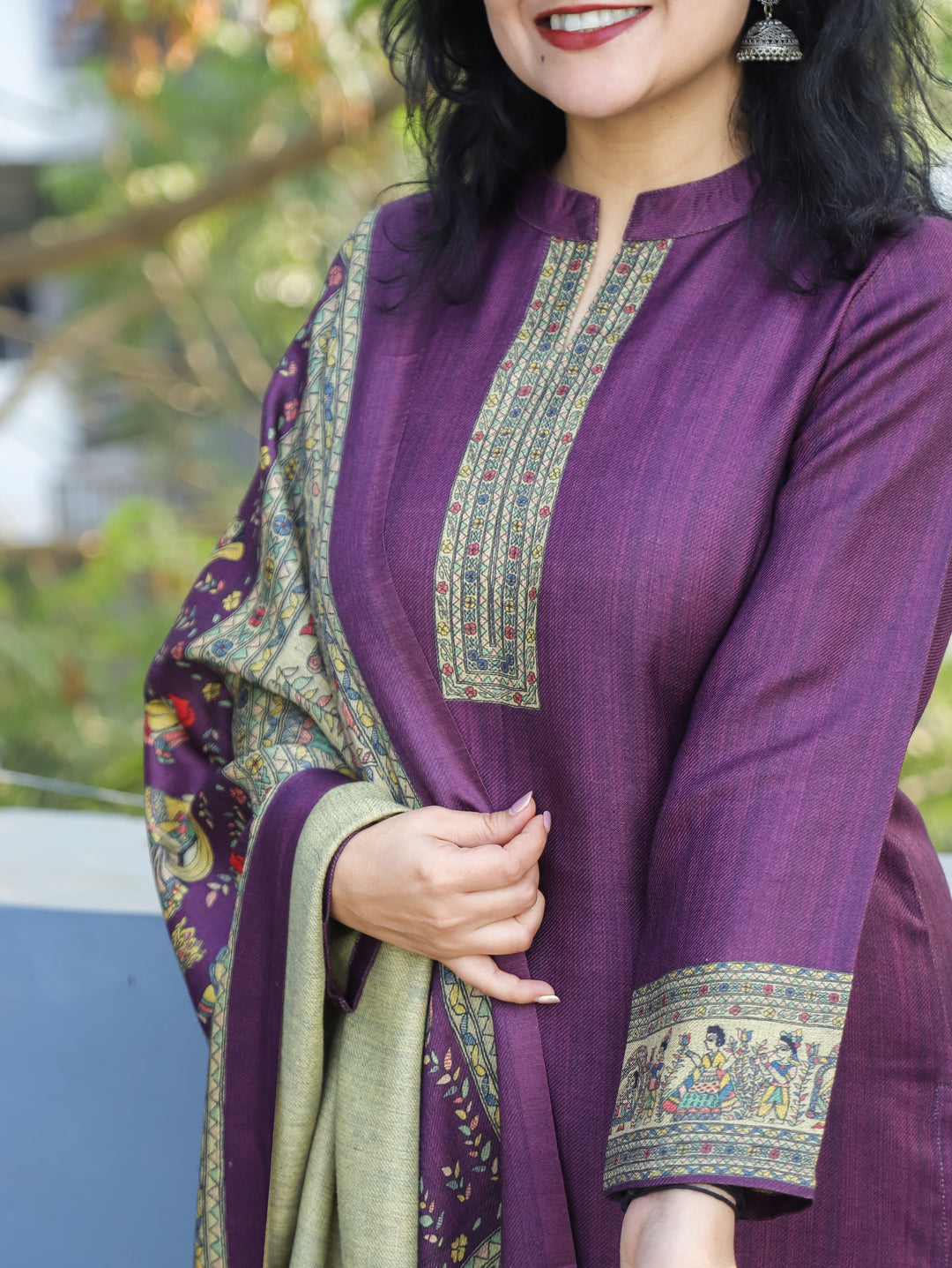 Roshni Violet Purple Ban Collar Madhubani Digital Print Winter Semi Pashmina 3 Piece Set