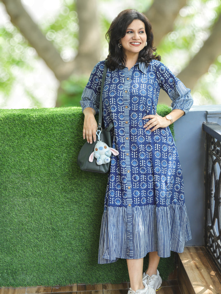 Asya Prussian Blue Dabu Printed Button Down Cotton Dress