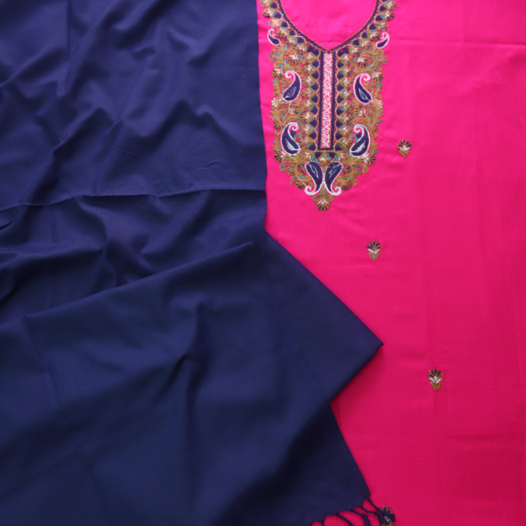 तरन Hot Pink Kashida Embroidery Neck Semi Pashmina Winter Set