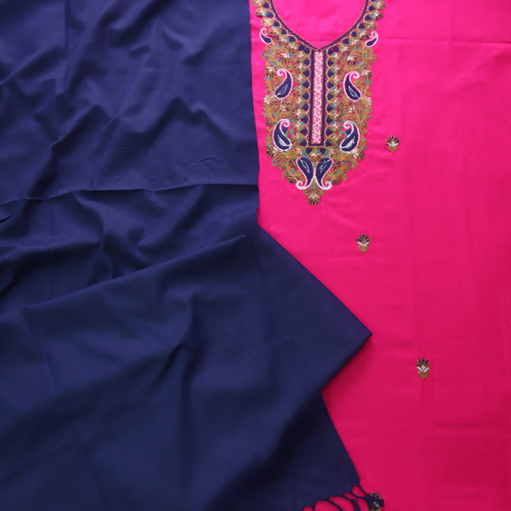 तरन Hot Pink Kashida Embroidery Neck Semi Pashmina Winter Set