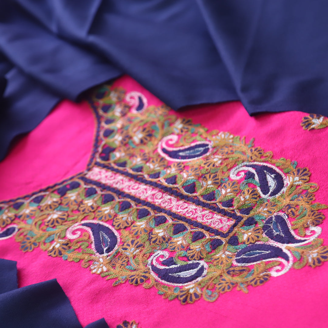 तरन Hot Pink Kashida Embroidery Neck Semi Pashmina Winter Set