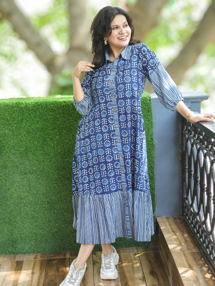 Asya Prussian Blue Dabu Printed Button Down Cotton Dress