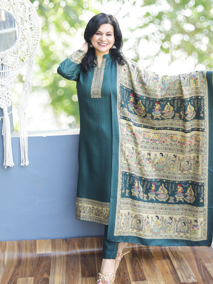Roshni Dark Green Ban Collar Madhubani Digital Print Winter Semi Pashmina 3 Piece Set