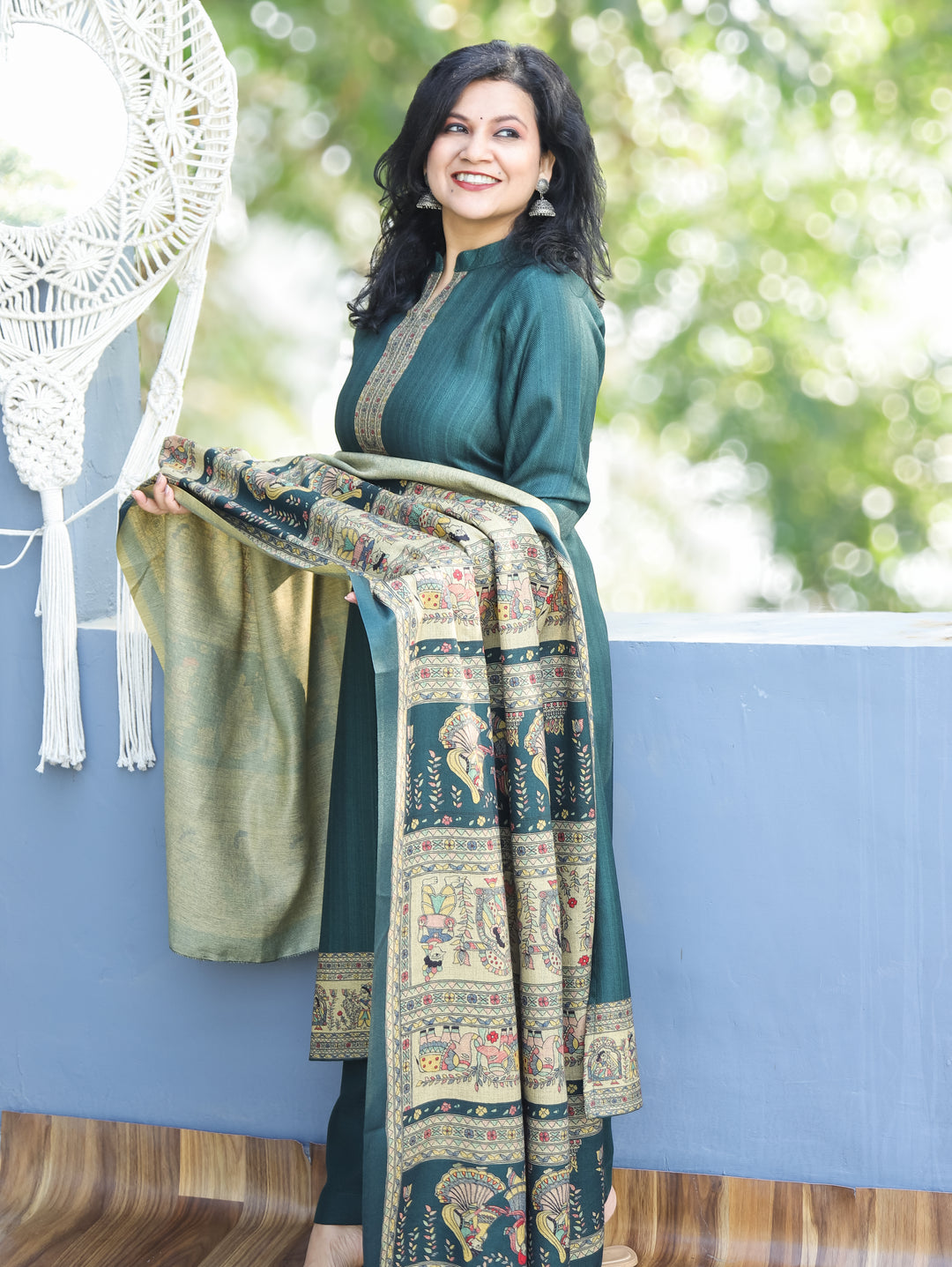 Roshni Dark Green Ban Collar Madhubani Digital Print Winter Semi Pashmina 3 Piece Set