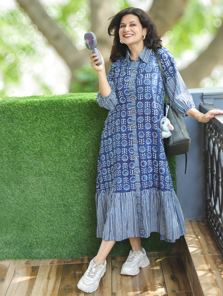 Asya Prussian Blue Dabu Printed Button Down Cotton Dress