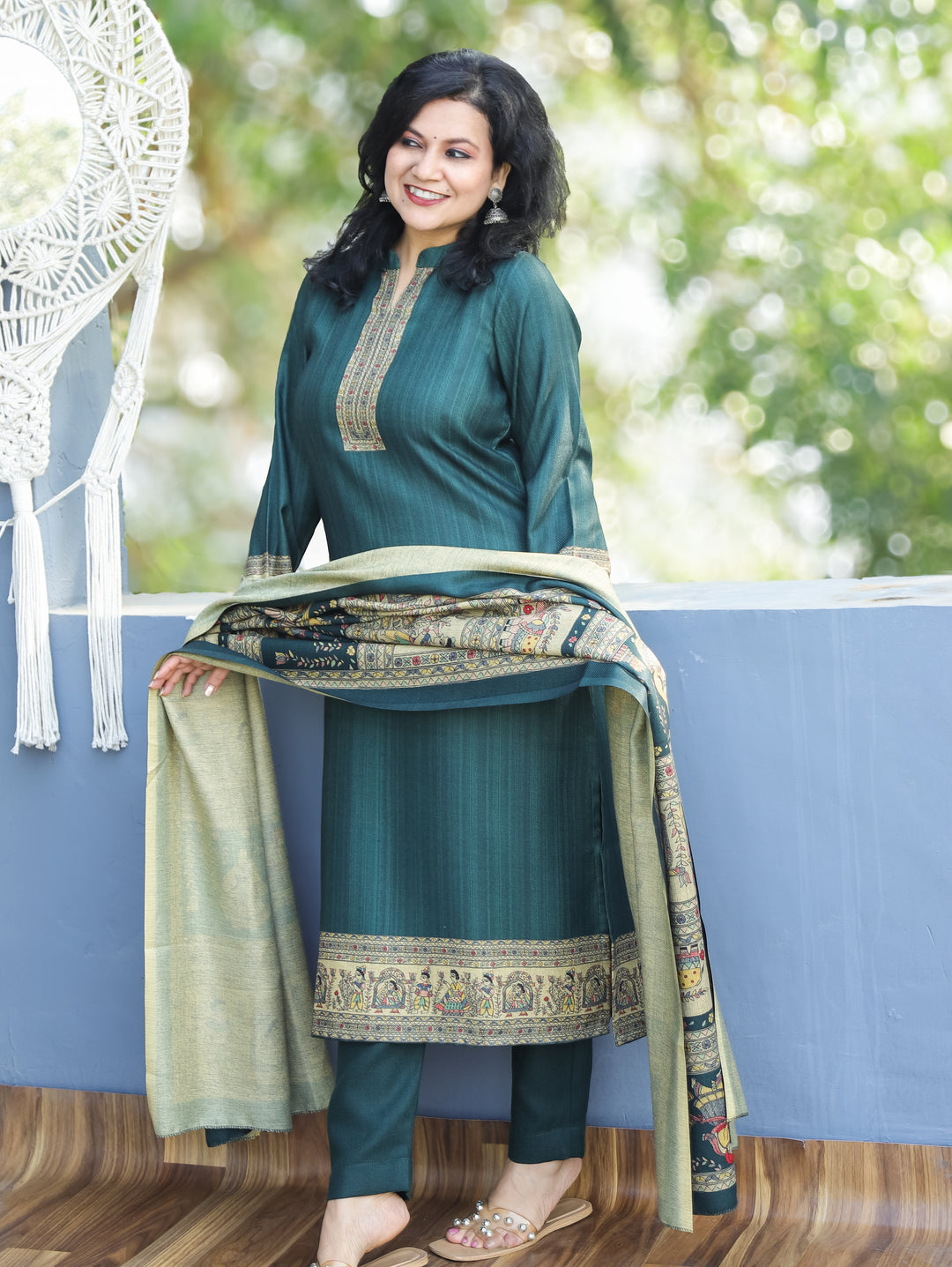 Roshni Dark Green Ban Collar Madhubani Digital Print Winter Semi Pashmina 3 Piece Set