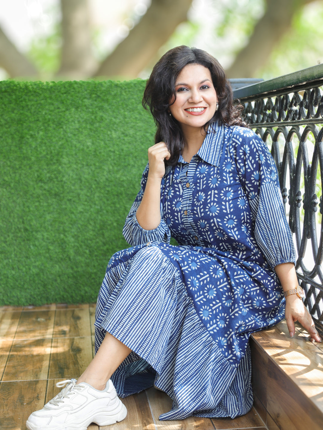Asya Prussian Blue Dabu Printed Button Down Cotton Dress