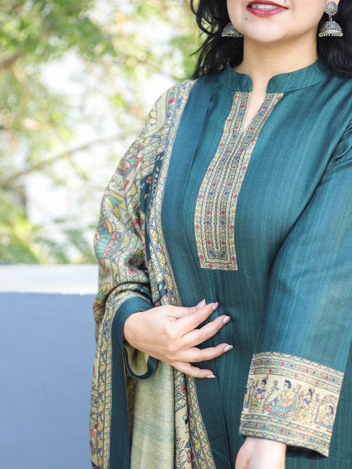 Roshni Dark Green Ban Collar Madhubani Digital Print Winter Semi Pashmina 3 Piece Set