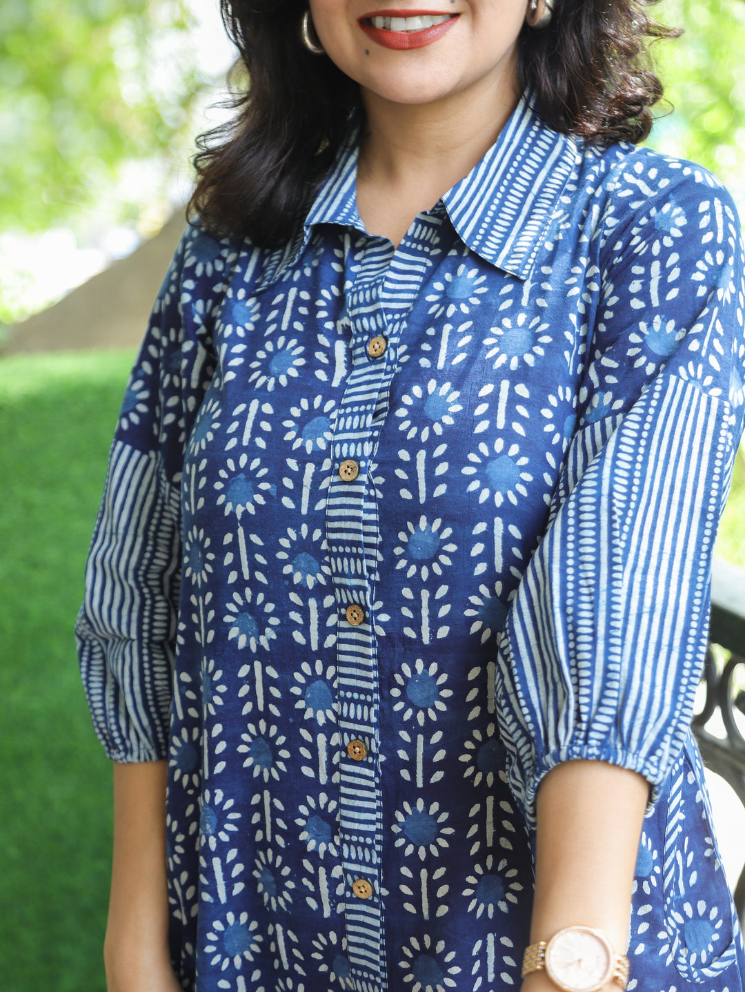 Asya Prussian Blue Dabu Printed Button Down Cotton Dress