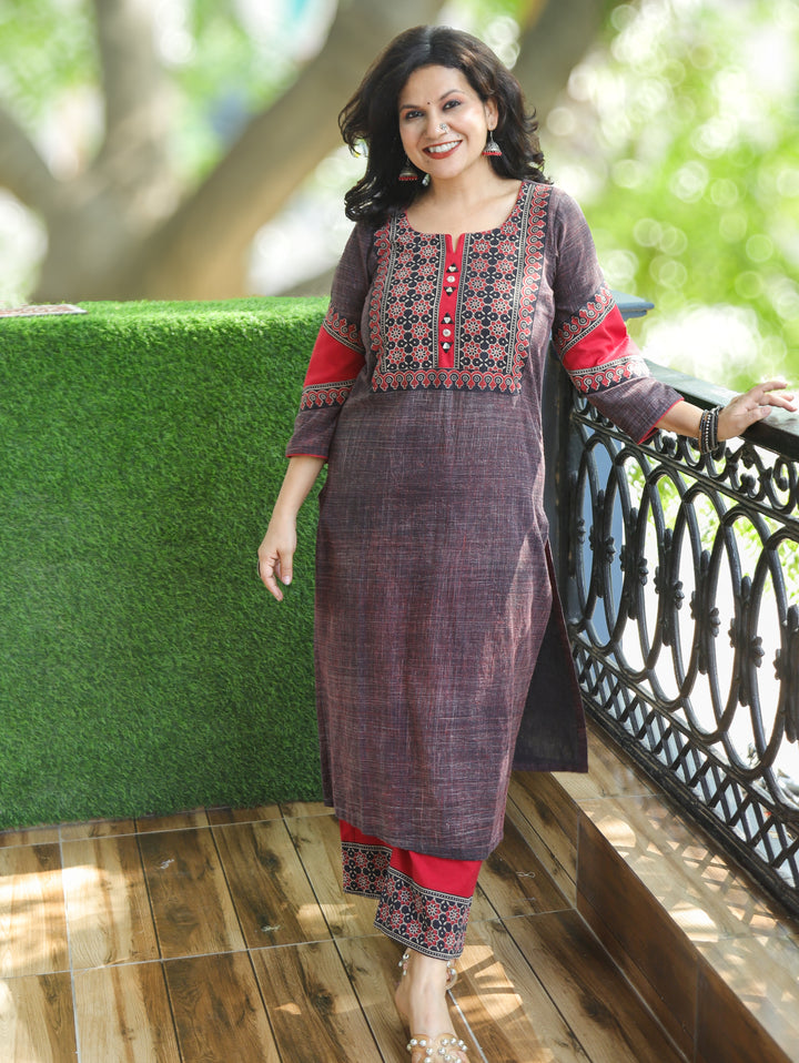 Mihika Fossil Black Ajrakh Yoke Brush Print 2 Piece Set