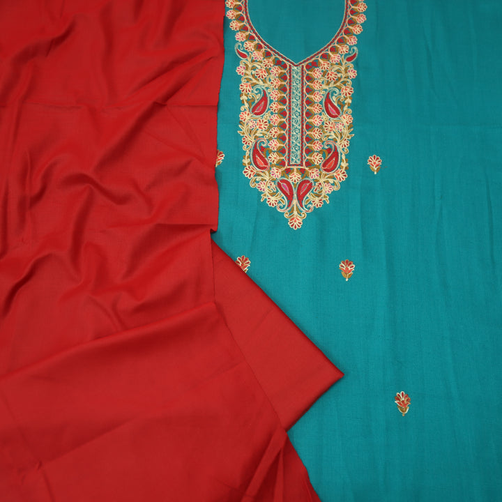 तरन Cyan Teal Kashida Embroidery Neck Semi Pashmina Winter Set