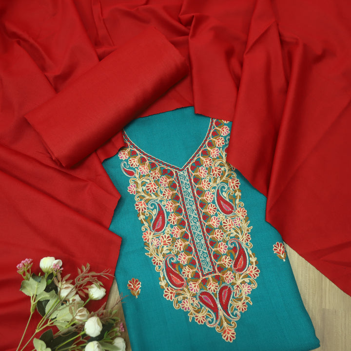 तरन Cyan Teal Kashida Embroidery Neck Semi Pashmina Winter Set