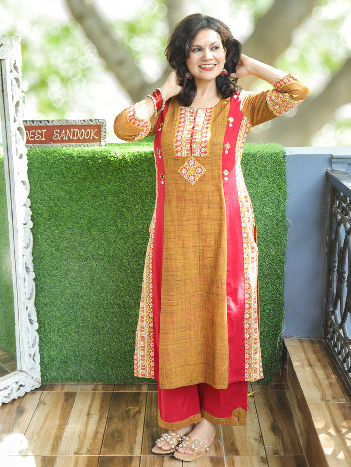 Mihika Mustard Yellow Triple Panel Brush Print 2 Piece Set