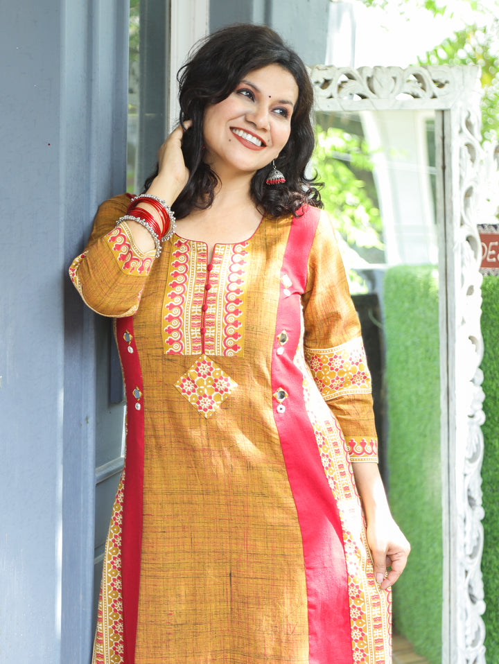 Mihika Mustard Yellow Triple Panel Brush Print 2 Piece Set