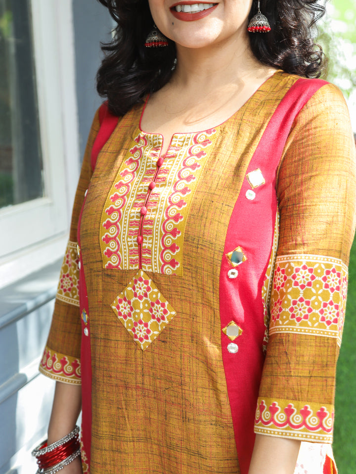 Mihika Mustard Yellow Triple Panel Brush Print 2 Piece Set