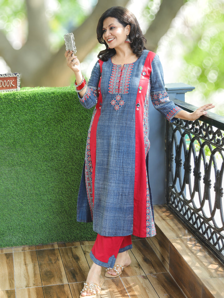 Mihika Denim Blue Triple Panel Brush Print 2 Piece Set