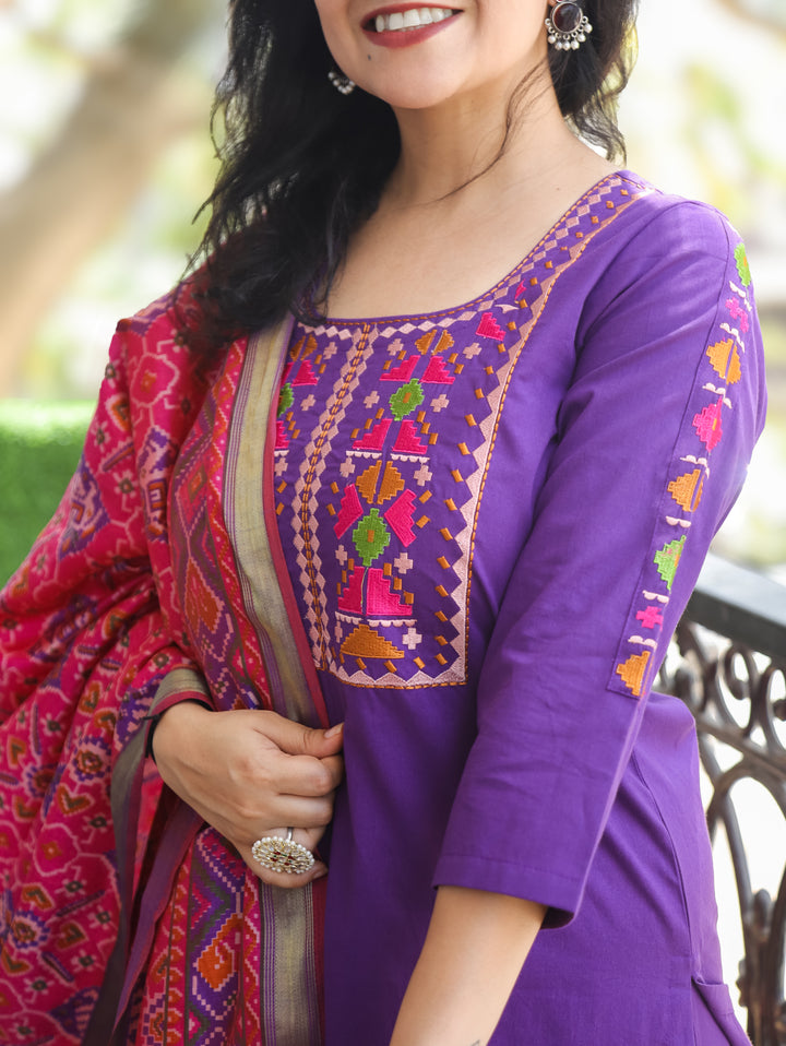 Amour Purple Embroidered Cotton 3 Piece Set