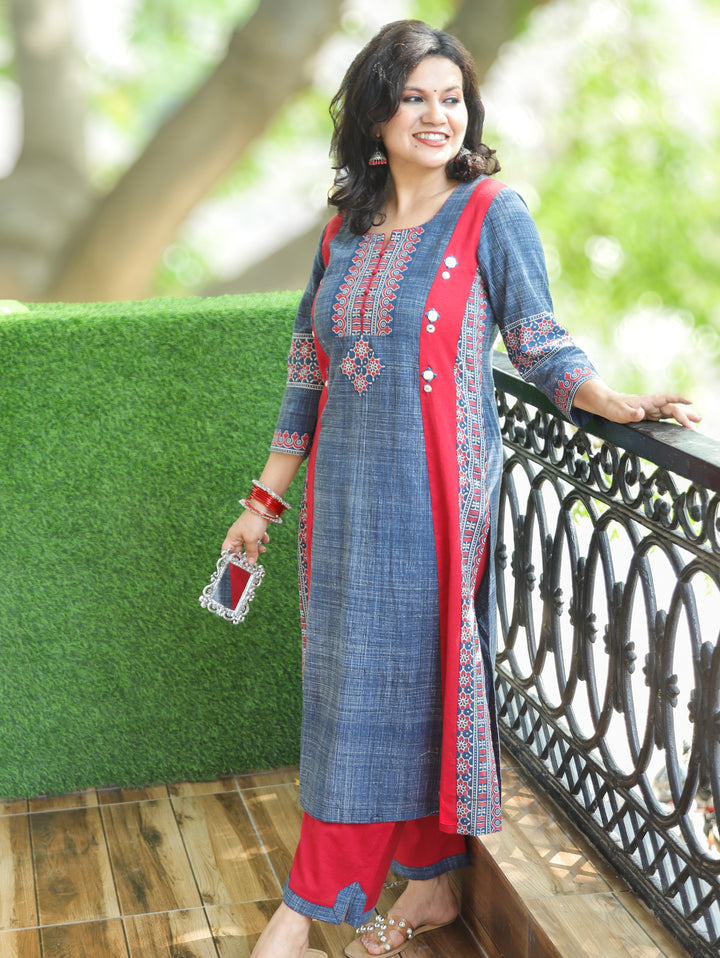 Mihika Denim Blue Triple Panel Brush Print 2 Piece Set