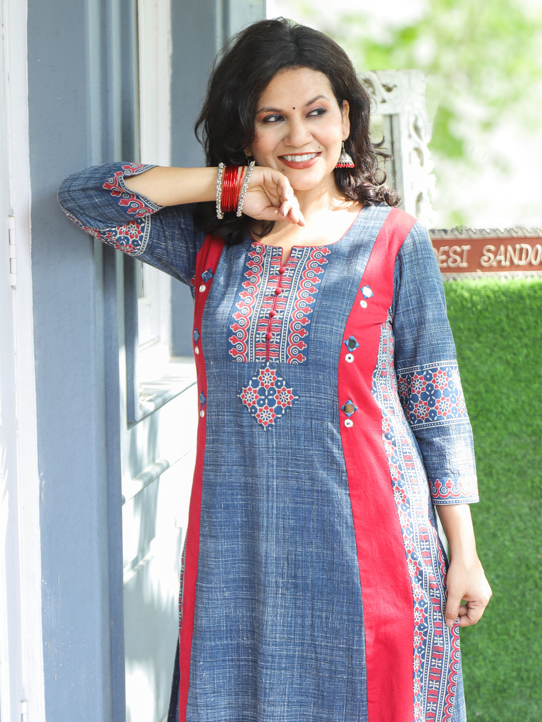 Mihika Denim Blue Triple Panel Brush Print 2 Piece Set