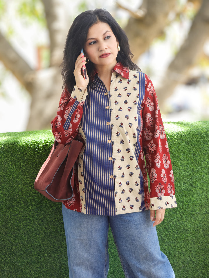 Meera Maroon Red Ajrak Cotton Shirt