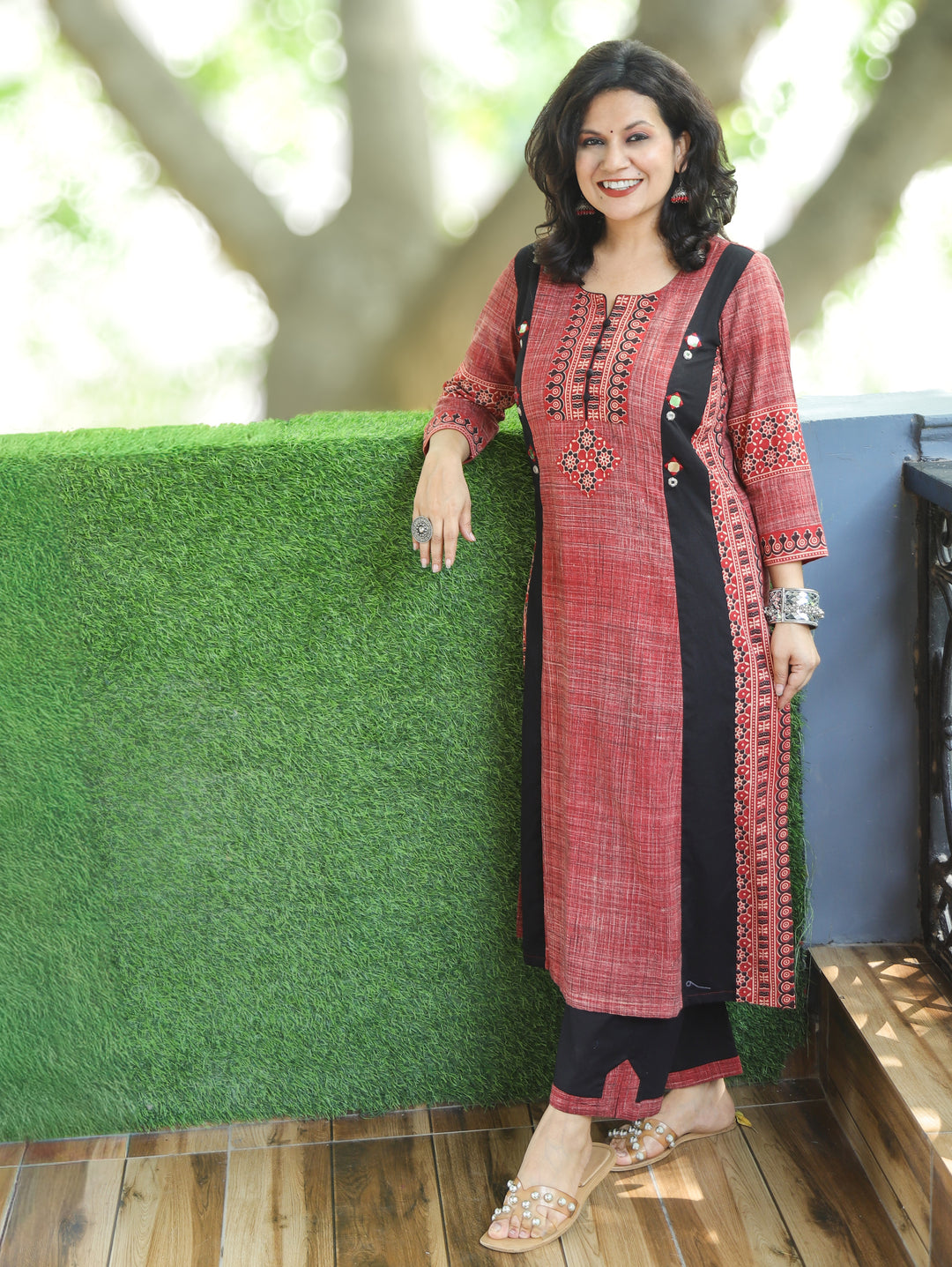 Mihika Maroon Red Triple Panel Brush Print 2 Piece Set