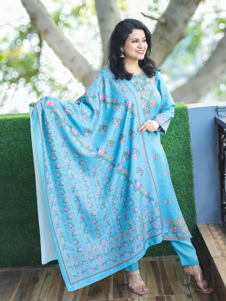 Saloni Aqua Blue Round Button Neck Digital Kashida Print Semi Pashmina 3 Piece Set