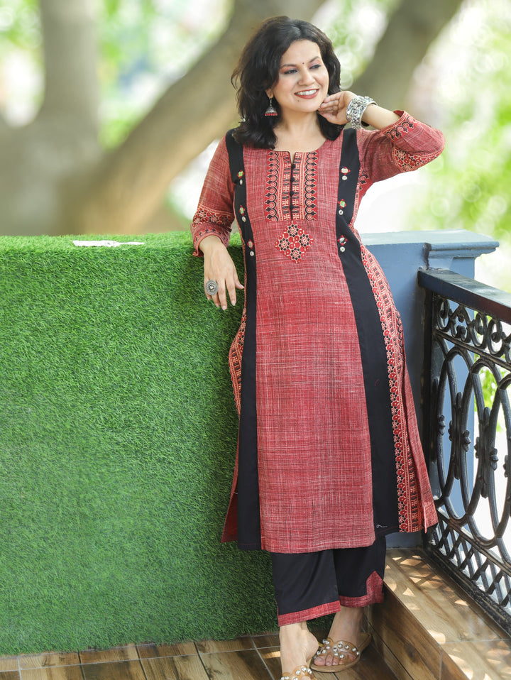 Mihika Maroon Red Triple Panel Brush Print 2 Piece Set