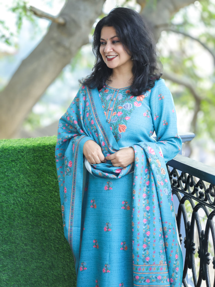 Saloni Aqua Blue Round Button Neck Digital Kashida Print Semi Pashmina 3 Piece Set