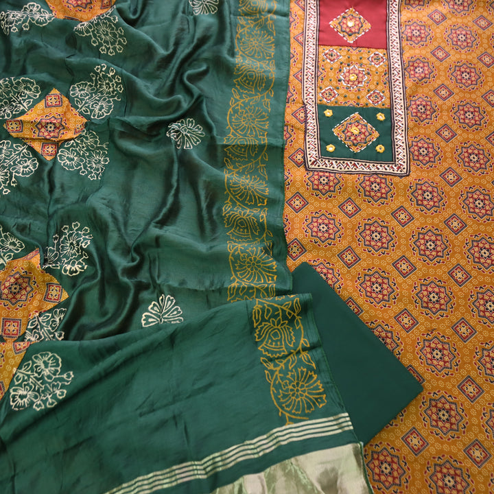 Mayuri Dijon Yellow Applique Patch Ajrakh Printed Cotton Set