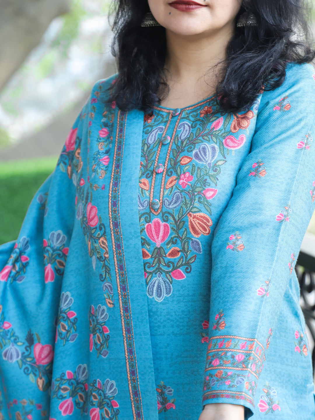 Saloni Aqua Blue Round Button Neck Digital Kashida Print Semi Pashmina 3 Piece Set