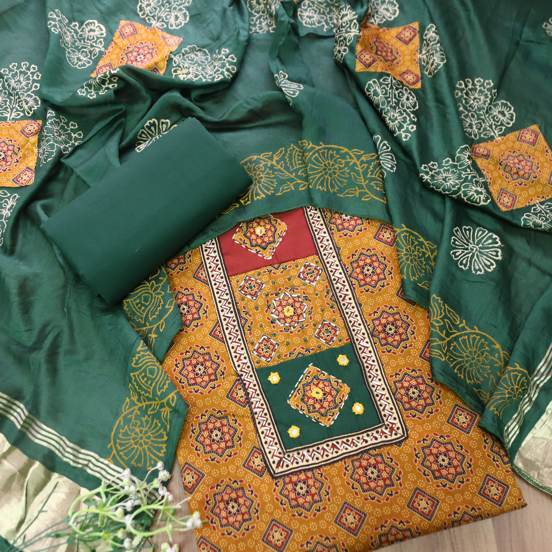 Mayuri Dijon Yellow Applique Patch Ajrakh Printed Cotton Set