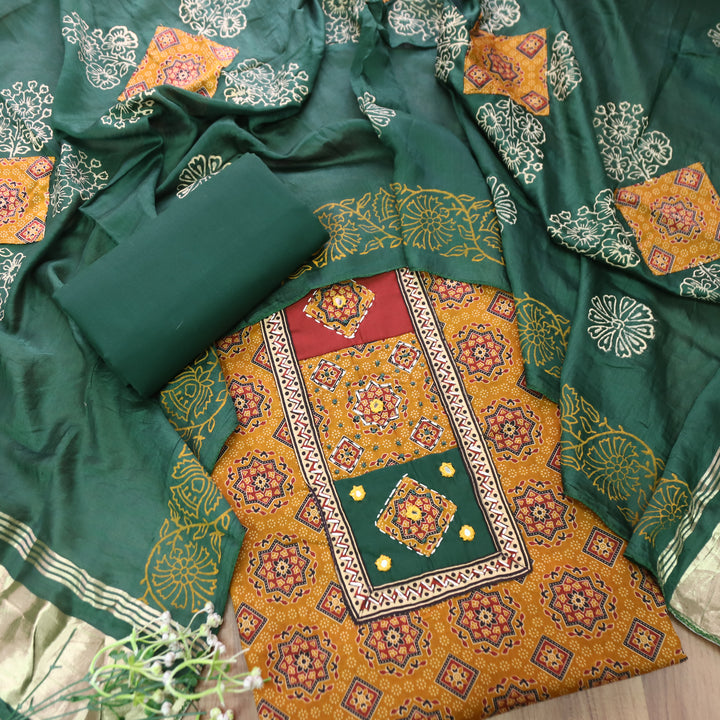 Mayuri Dijon Yellow Applique Patch Ajrakh Printed Cotton Set