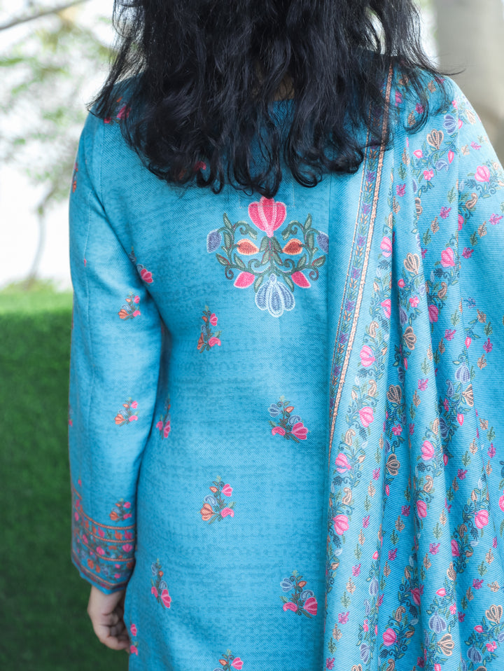 Saloni Aqua Blue Round Button Neck Digital Kashida Print Semi Pashmina 3 Piece Set